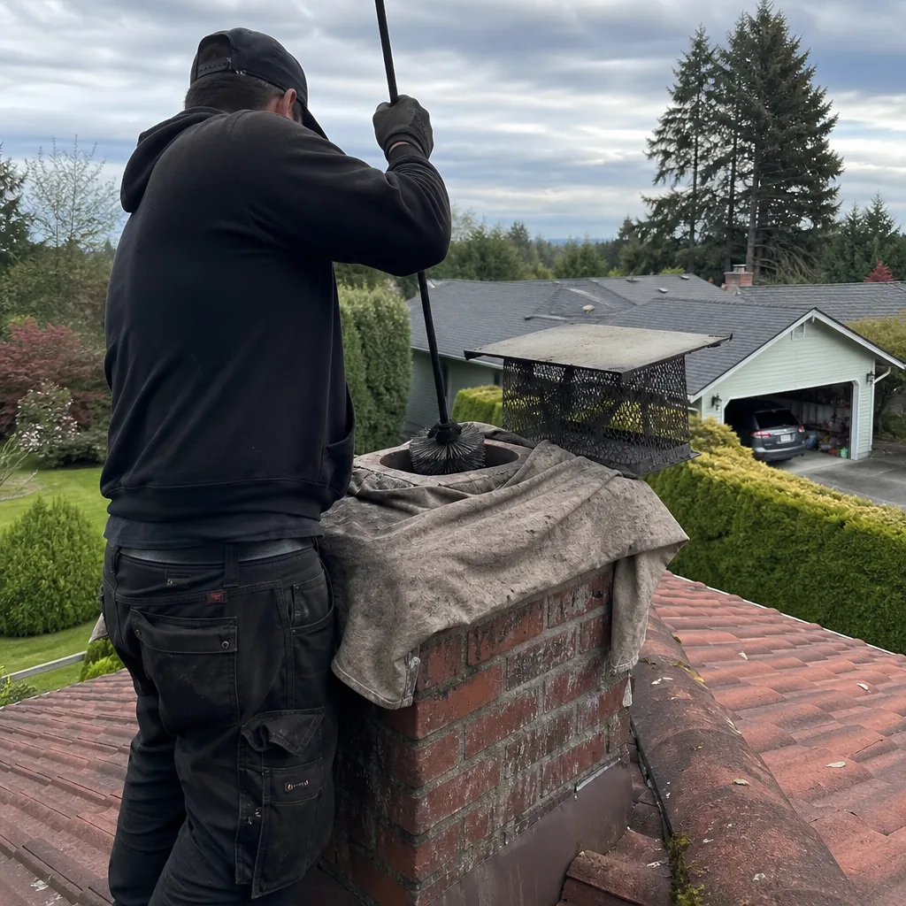 Professional chimney sweep cleaning a residential brick chimney on a roof