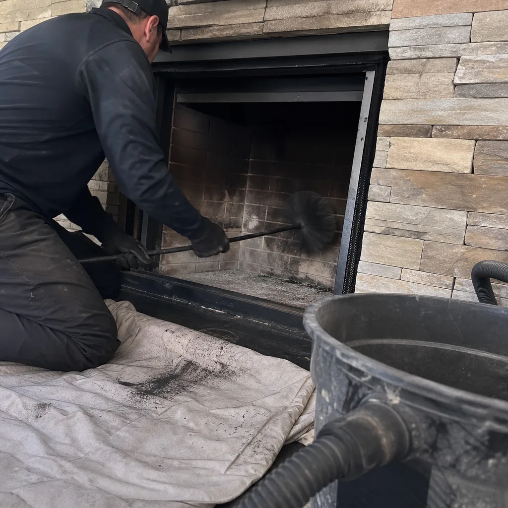 Professional chimney sweep cleaning a fireplace interior with a brush