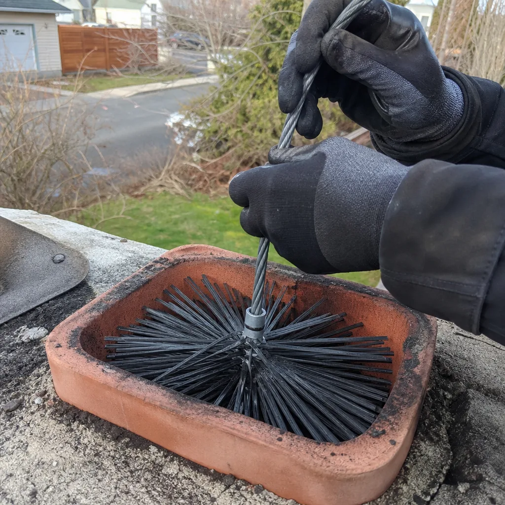 Professional chimney sweep cleaning a chimney flue with a cable brush