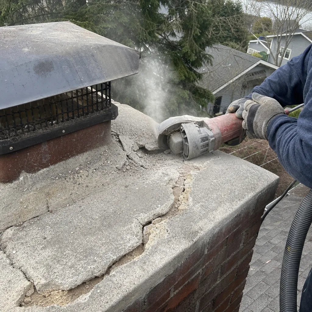 Professional technician performing concrete chimney crown repair with power tool
