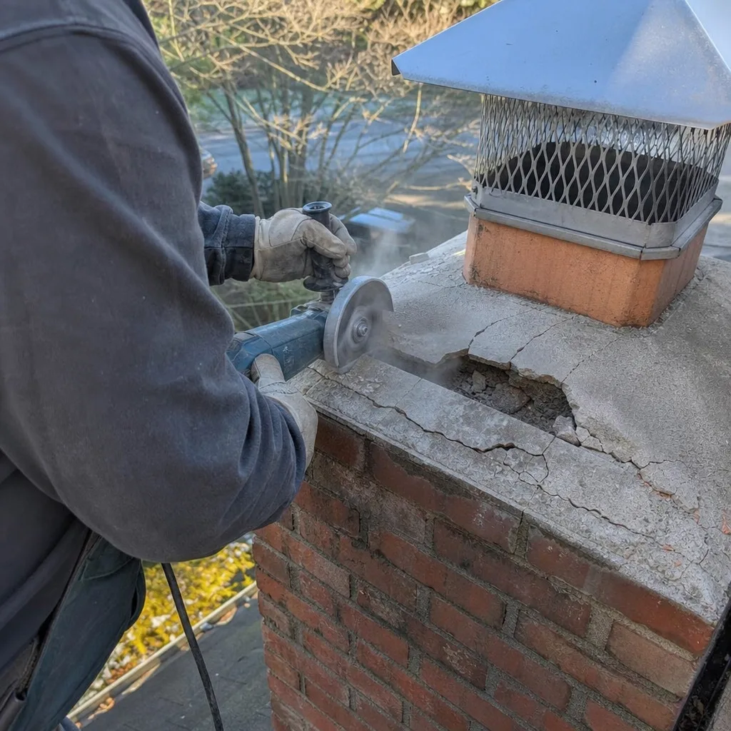 Professional performing concrete chimney crown repair using a power saw
