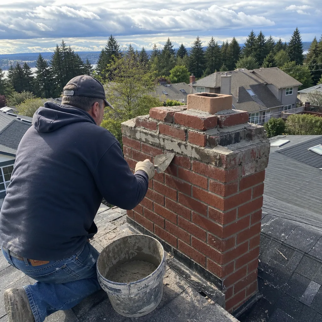Professional technician performing brick chimney repair and mortar application on a roof.