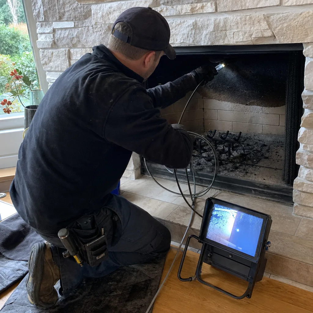 Technician performing professional fireplace inspection and chimney cleaning service