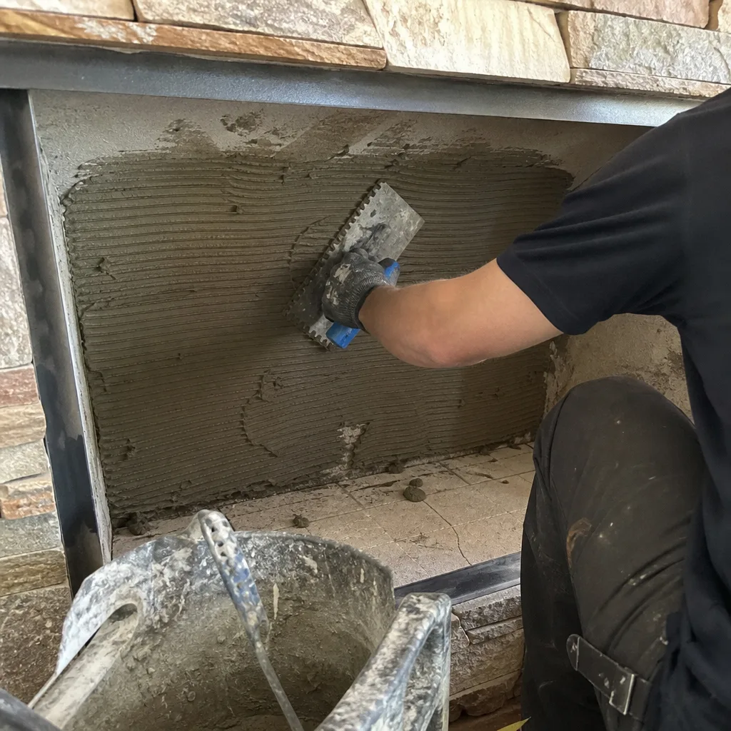 Worker applying mortar to fireplace interior with a notched trowel